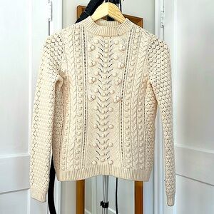 Sezane Ecru Cream Ivory Cableknit Pom Poms Sweater Pullover Crew neck XS Wool